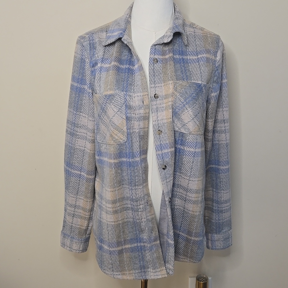 Casa Cabana Plaid Shacket – Blue Beige Grey Overshirt Medium Fall Transitional - Picture 2 of 6